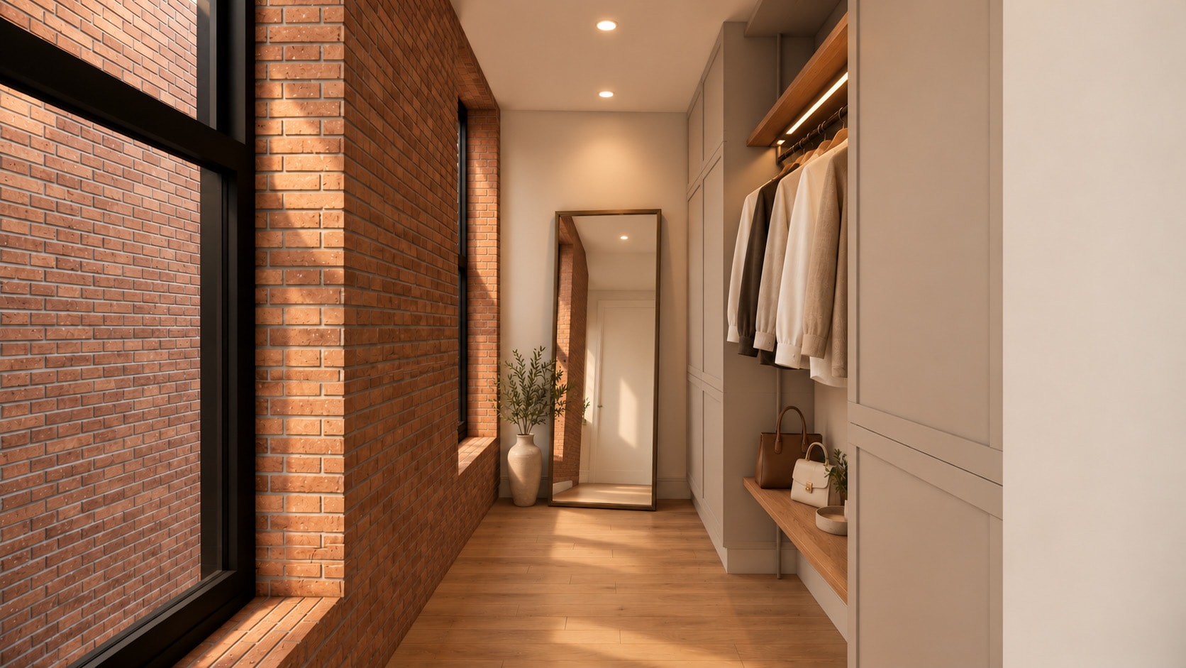 Walk-in closet with exposed brick and custom built-ins