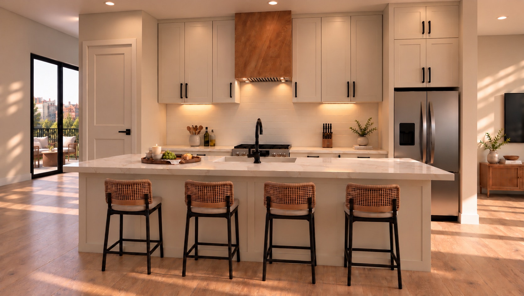 Contemporary kitchen with statement island and custom cabinetry