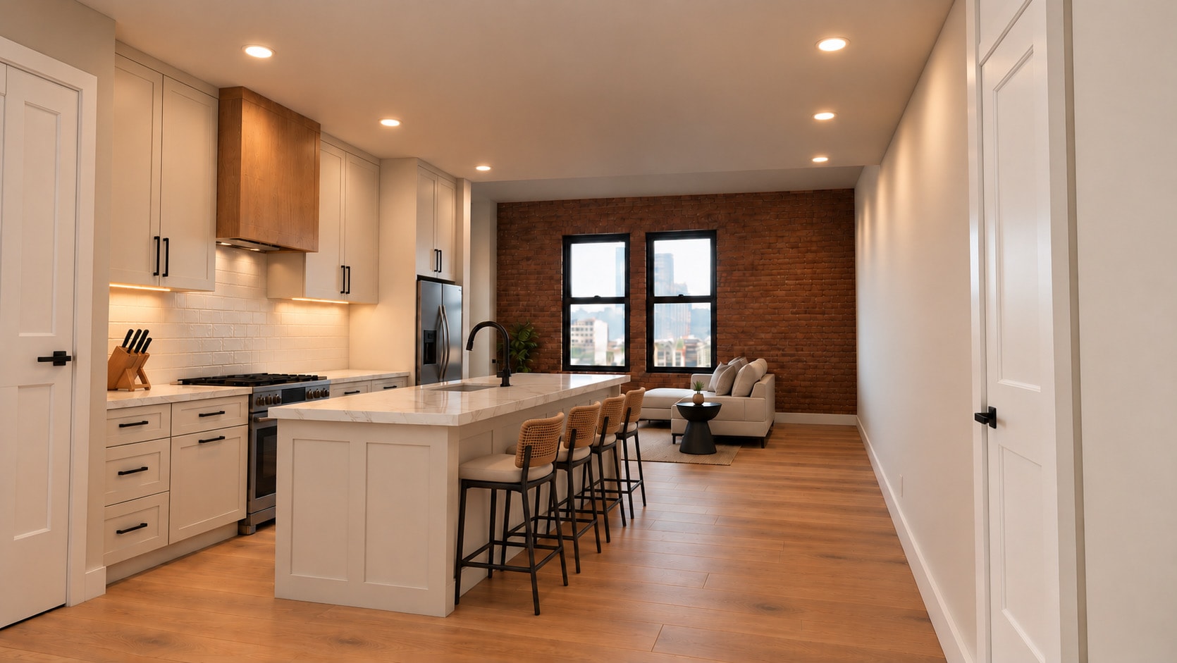 Open living area with exposed brick wall and city views